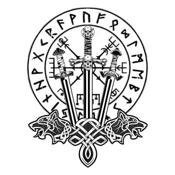 Wolf and swords. Magic Navigation Vikings Compass. Runic Talisman. 스톡 일러스트