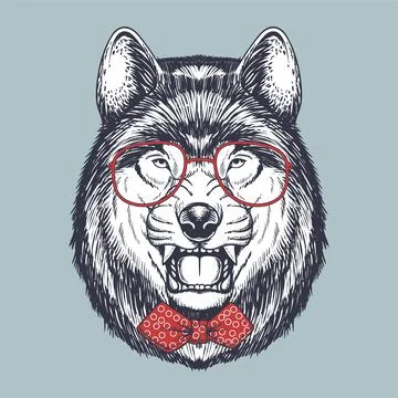 Wolf angry hand drawn wearing a red glasses and bow tie Stock Illustration