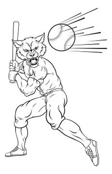 Wolf Baseball Player Mascot Swinging Bat at Ball Stock Illustration