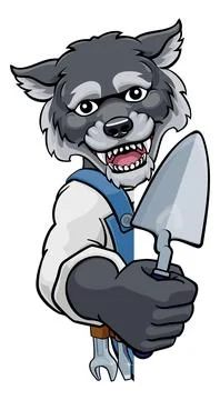 Wolf Bricklayer Builder Holding Trowel Tool Stock Illustration