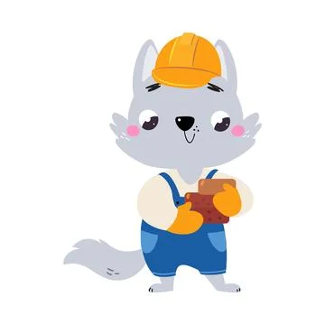 Wolf Builder Character in Hard Hat Carry Bricks Vector Illustration Stock Illustration