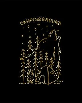 Wolf camping ground, mono line art, tee design, T-shirt Design Stock Illustration