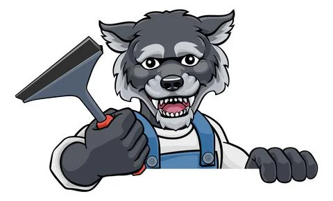 Wolf Car Or Window Cleaner Holding Squeegee 스톡 일러스트
