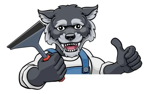 Wolf Car Or Window Cleaner Holding Squeegee 스톡 일러스트