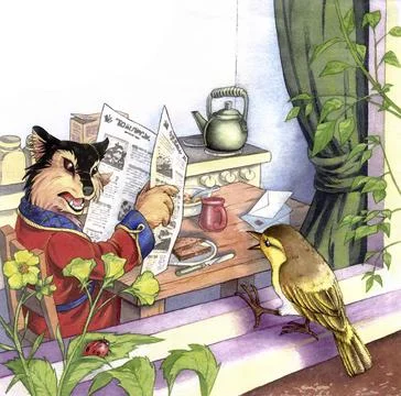 Wolf character looking at bird, while having breakfast and reading paper Stock Illustration