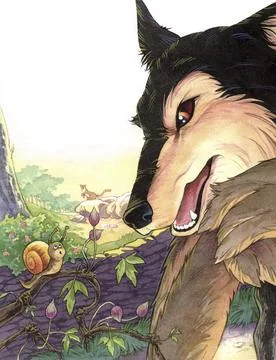 Wolf character looking at snail illustration. Watercolor and colored pencil. Stock Illustration