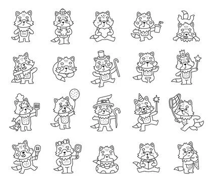 Wolf character set in outline line art Stock Illustration