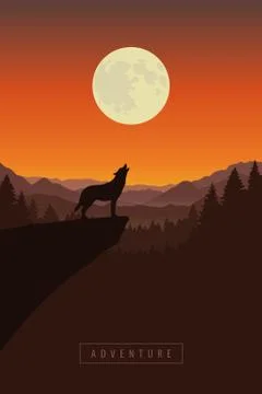 Wolf on a cliff howls at full moon forest nature landscape Stock Illustration