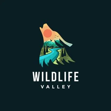 Wolf Emblem patch of wilderness, wolf shape and mountain valley landscape Illustrazione stock