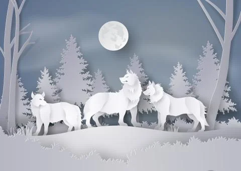 Wolf in forest with snow and full moon. Stock Illustration