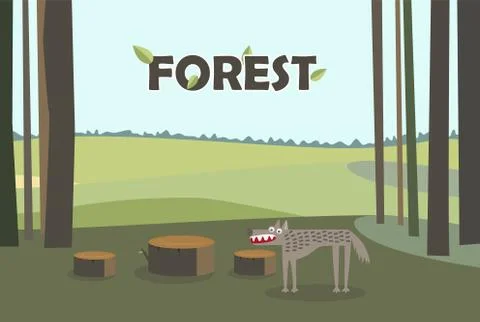 Wolf in forest. Tree Stumps. Cartoon vector with forest background. Stock Illustration