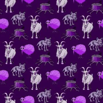 Wolf, goat, kiwi and tree stump seamless pattern Stockillustratie