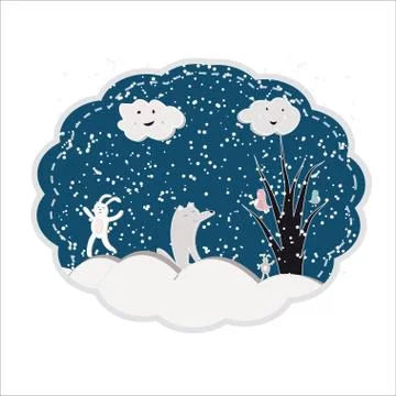Wolf, hare and birds in the winter forest Stock Illustration