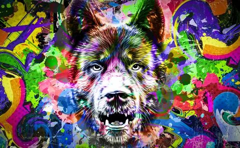 Wolf head with creative abstract element on colorful background Stock Photos