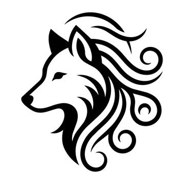 Wolf Head Design With Flowing Mane Featuring Curls and Smooth Lines Stock-Illustration