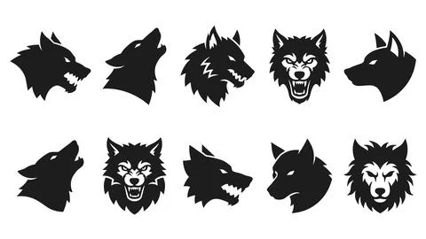 Wolf head icon collection featuring fierce expressions and howling poses in.. Stock Illustration