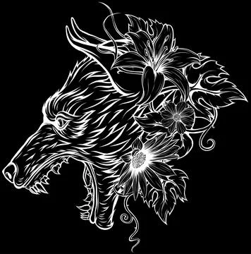 Wolf head in white line on black background Stock Illustration
