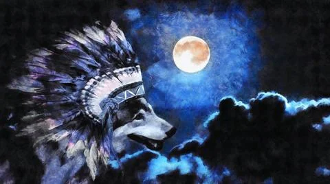 Wolf with headdress of the Indians. Moon in the night sky Stock Illustration