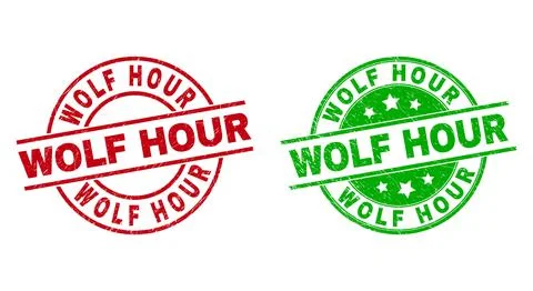 WOLF HOUR Round Stamp Seals with Scratched Style Stock Illustration
