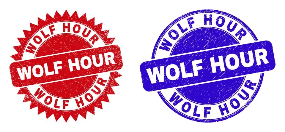 WOLF HOUR Rounded and Rosette Stamp Seals with Scratched Style Stock Illustration