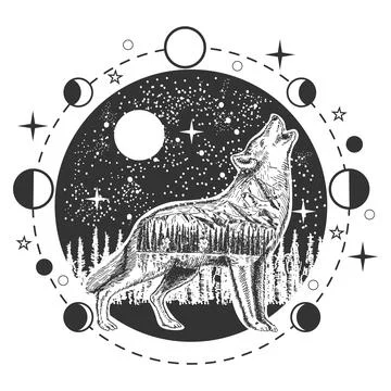 Wolf howling at full moon in night boho wild animal Ilustração Stock