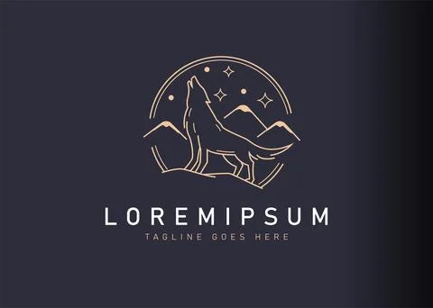 Wolf howling logo design. Vector illustration of wolf howling with mountain l 스톡 일러스트