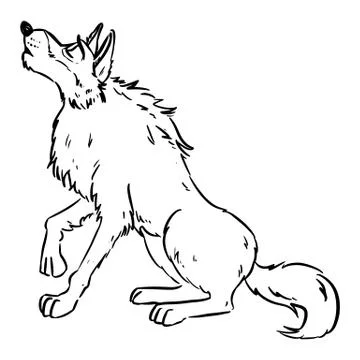Wolf howling on the moon. Dog or wolf lineart cartoon illustration. Canine in Stock Illustration