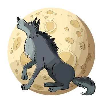 Wolf howling on the moon. Dog or wolf lineart cartoon illustration. Canine in Stock Illustration
