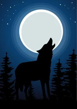Wolf howling at the moon in forest. Dark background Stock Illustration