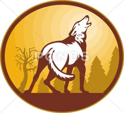 Wolf howling at the moon Stock Illustration