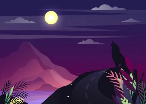 Wolf howling at moon Stock Illustration