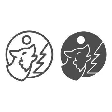 Wolf howling at moon near tree line and solid icon, halloween concept, predator Stock Illustration
