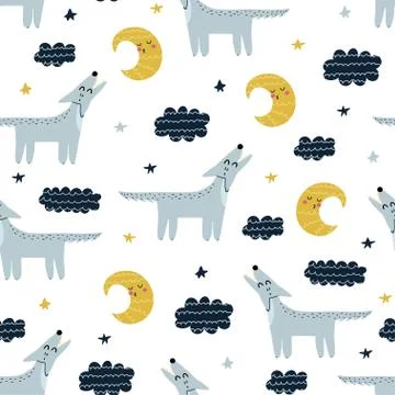 Wolf howling at the moon seamless pattern. Cute forest character background Stock Illustration