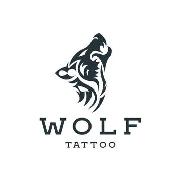 Wolf howling  the moon in style of tattoos  flat one color logo mark, quality Stock Illustration