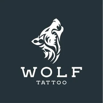 Wolf howling  the moon in style of tattoos  flat one color logo mark, quality Stock Illustration