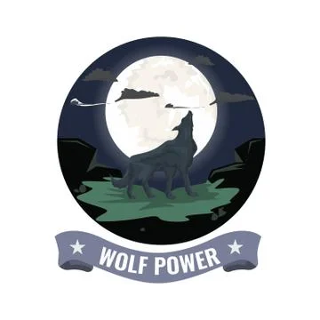 Wolf howling on the mountain with full moon background. Round clipped symbol Stock Illustration