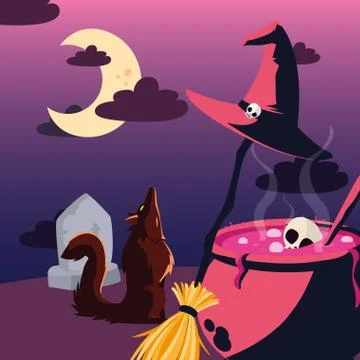 Wolf howling in scene of halloween Illustrazione stock