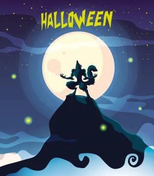 Wolf howling in scene of halloween Illustrazione stock