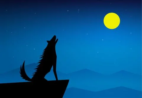Wolf howling on top of mountain at full moon night Stock Illustration