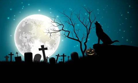 Wolf Howling Under the Full Moon – A Spooky Halloween Scene Stock Illustration