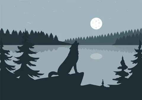 A wolf howls in the forest and lake vector Stock Illustration