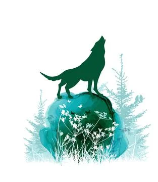 The wolf howls in the forest on a stone. Vector illustration Stock Illustration