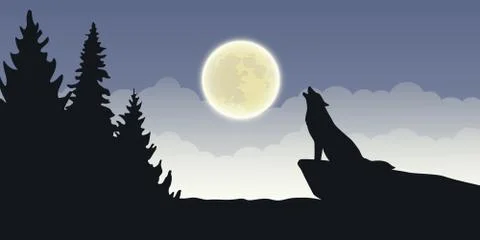 Wolf howls at full moon blue mystic nature landscape Stock Illustration