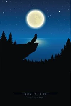 Wolf howls to the full moon in a starry night by lake Stock Illustration