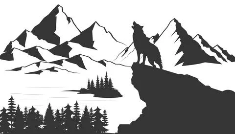 Wolf howls the moon by the lake at forest and mountain landscape vector Stock-Illustration