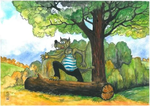  Wolf on a log. Stock Illustration