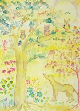 Wolf Looking up at safe tree of life. Ilustração Stock