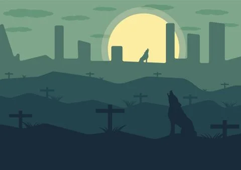 Wolf on the mountain with a grave at night,vector Illustrator Stock Illustration
