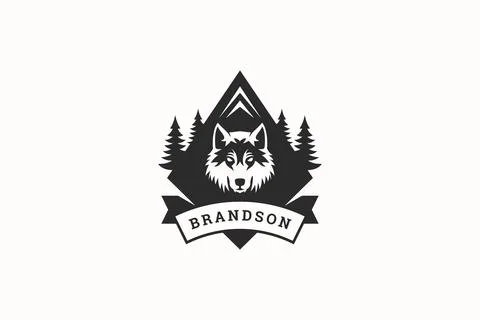 Wolf muzzle with forest nature travel expedition hunting retro logo design te Stock Illustration
