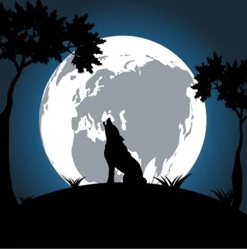 Wolf at night on the moon is bright and bright background. Stock Illustration